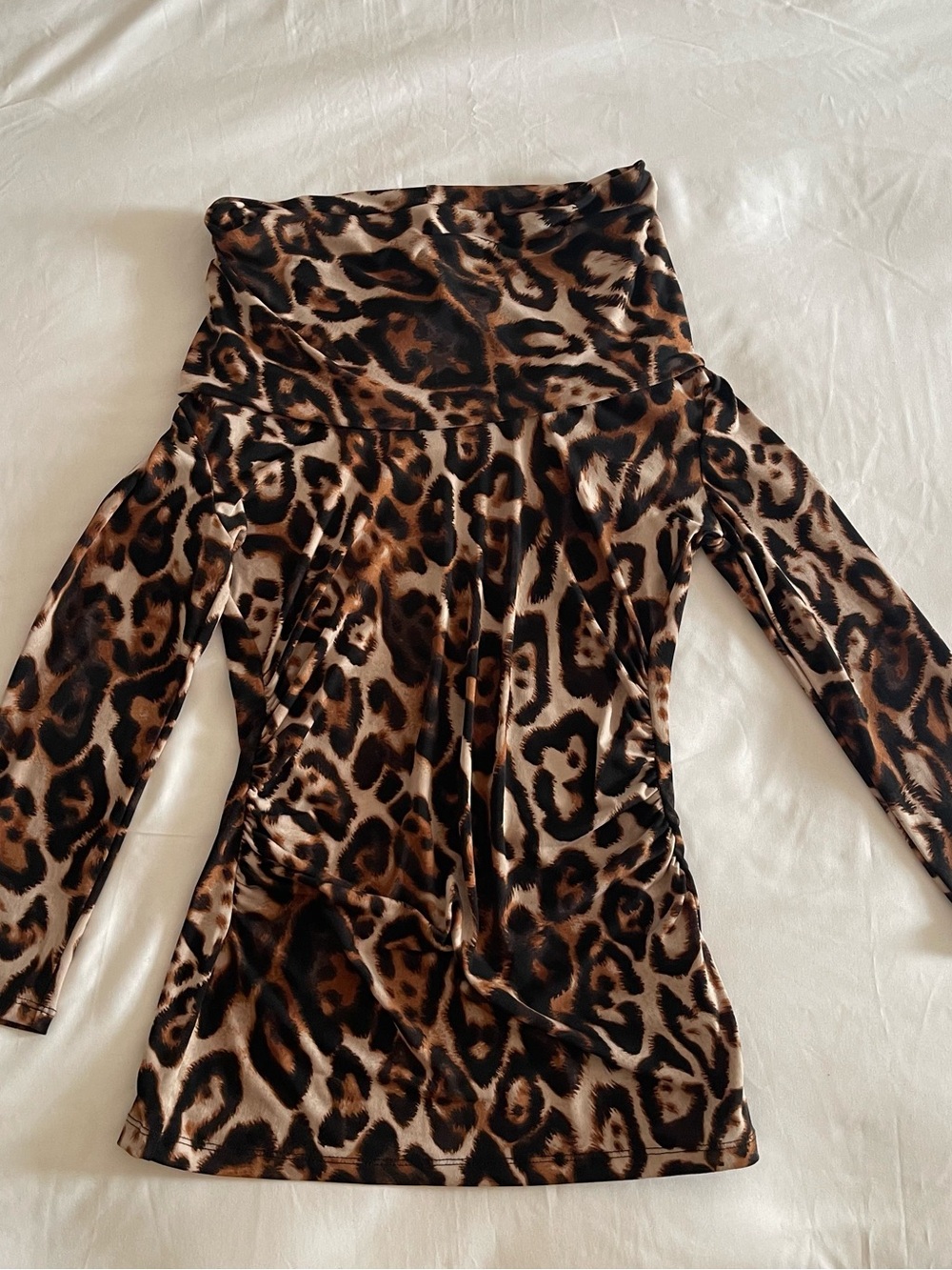 New York & Company Brown Leopard Print Long Sleeve Off-Shoulder Dress